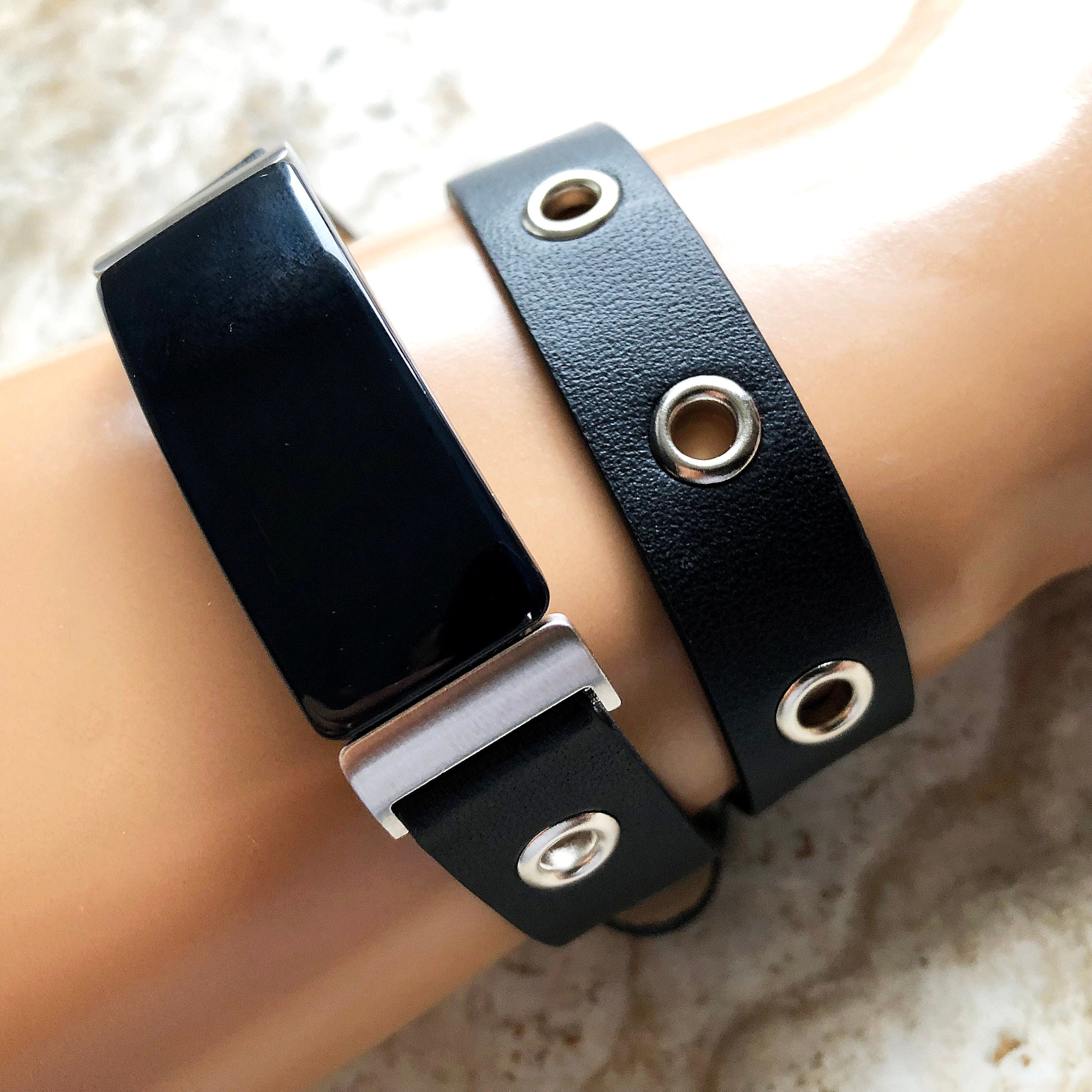 Fitbit Inspire HR and 2 Black Band for Fitness Tracker Soft Leather Strap Wristband Double Wrap Bracelet in Silver Black Rose Gold Finish